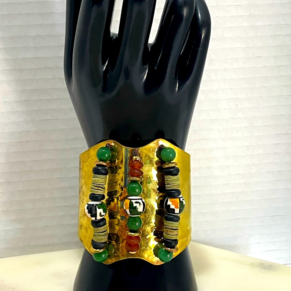 Native American Brass Cuff Bracelet w/ Jades & Hand Painted Beads VTG - RARE